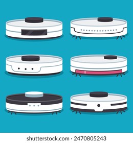 Conjunto de dibujos animados del Vector de la aspiradora del robot aislado en el fondo.