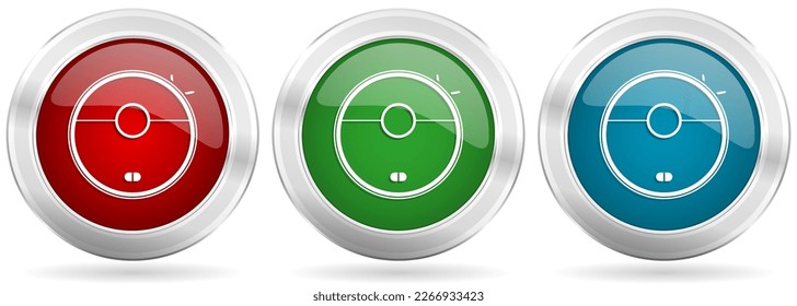 Robot vacuum cleaner vector icon set. Red, blue and green silver metallic web buttons with chrome border