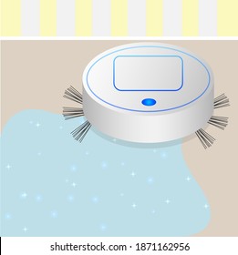 Robot vacuum cleaner working, isometric view. Clean floor. Vacuum cleaner vector illustration. Vacuum cleaner isolated.