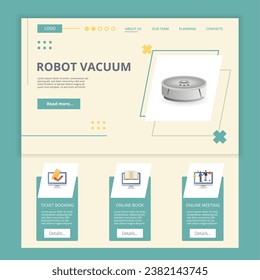 Plantilla del sitio web de la página de aterrizaje plana de vacío de Robot. Reserva de entradas, libro en línea, reunión en línea. Banner web con encabezado, contenido y pie de página. Ilustración vectorial.