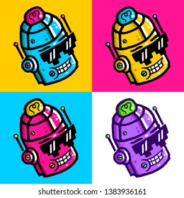 Robot. Robot vaporwave set. Robot with Sunglasses set. Vapor Wave, Retro wave, Synthpop Style. Cartoon Robot set on color and white background isolated. Stock Vector Illustration. Cartoon style.