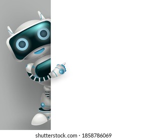 Robot vector 3d character background design. Robotic character showing empty white board element with space for messages for cyborg technology presentation design. Vector illustration.