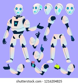 Robot Vector. Animation Creation Set. Modern Robot Helper. Head, Face, Gestures. Animated Artificial Intelligence. For Banner, Flyer, Web Design Humanoid Character Isolated Illustration