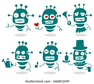 Robot vector cartoon character. Set of blue silhouette icons isolated on white background.