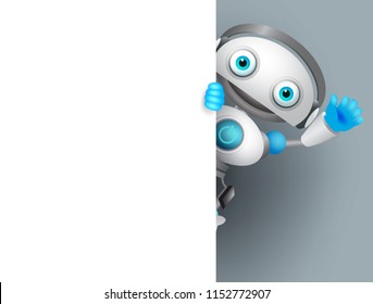 Robot vector character holding white board with empty space for text or message. Friendly android robot with waiving hand gesture for presentation. Vector illustration.
