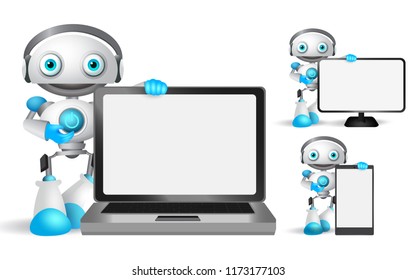 Robot vector characters set holding laptop, mobile phone and other gadget with empty blank white screen for text and technology informations. Vector illustration.
