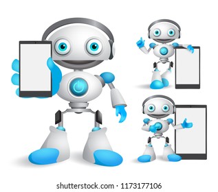 Robot vector characters set holding mobile phone  gadget with empty blank white screen for text and technology informations. Android mascot vector illustration.
