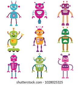 Robot vector characters, set of nine