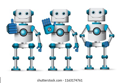 Robot vector characters set standing with different hand gestures like approve and stop isolated in white background. Cyborg mascot element vector illustration.
