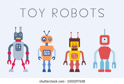 Robot vector collection - vintage cartoon style toy robots illustration set.