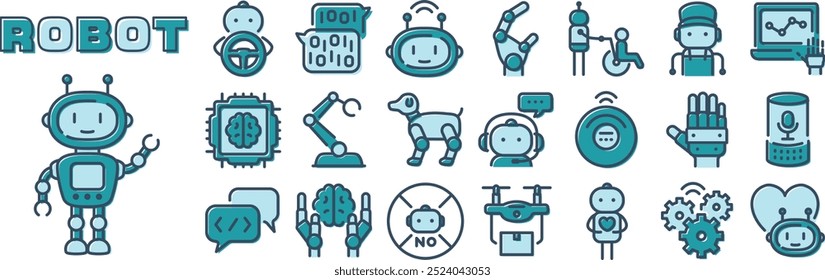 Icono colorido del Vector del robot fijado en el fondo blanco.