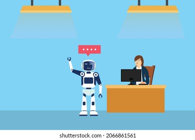 Concepto de vector robot: Empresaria usando una computadora mientras controla un robot para trabajar en la oficina