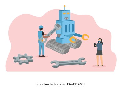 Robot vector concept: Male engineer making robot in workplace while wearing face mask in new normal