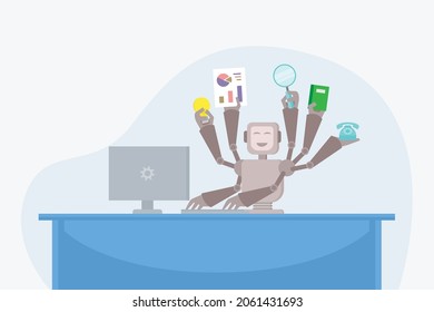 Robot vector concept: Robot worker working with many tasks in the office while using computer 