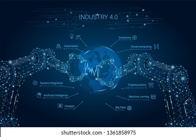 Robot  vector hand. Polygonal wireframe mesh looks like constellation on dark blue with dots and stars. Industrial business factory robot machine welder.