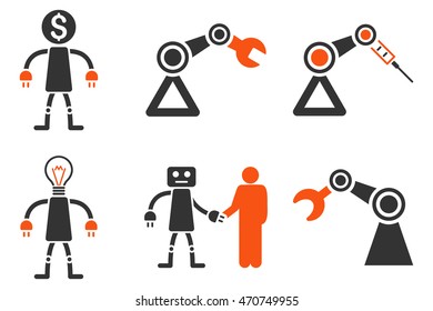 Robot vector icons. Pictogram style is bicolor orange and gray flat icons with rounded angles on a white background.