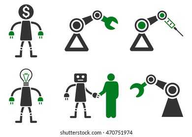 Robot vector icons. Pictogram style is bicolor green and gray flat icons with rounded angles on a white background.