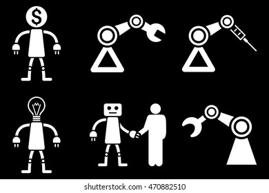 Robot vector icons. Pictogram style is white flat icons with rounded angles on a black background.