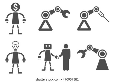 Robot vector icons. Pictogram style is gray flat icons with rounded angles on a white background.