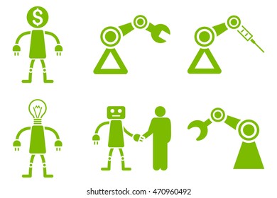 Robot vector icons. Pictogram style is eco green flat icons with rounded angles on a white background.
