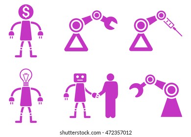 Robot vector icons. Pictogram style is violet flat icons with rounded angles on a white background.