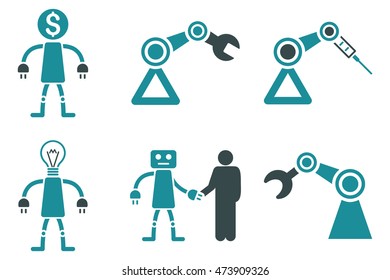 Robot vector icons. Pictogram style is bicolor soft blue flat icons with rounded angles on a white background.
