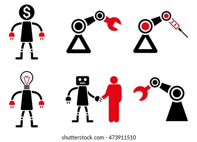 Robot vector icons. Pictogram style is bicolor intensive red and black flat icons with rounded angles on a white background.