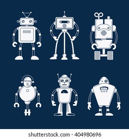 Robot vector icons. White robots pictograms, robot flat images on dark blue background