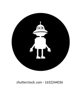 Robot. Vector illustration in the form of a black and white round icon for web.
