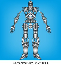 Robot, vector illustration, silver metallic on blue background