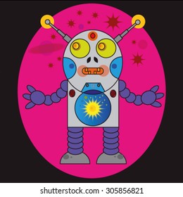The robot a vector on a pink background with planets.