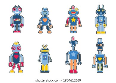 Robot vector sticker collection. Cute retro toy robots illustration set.