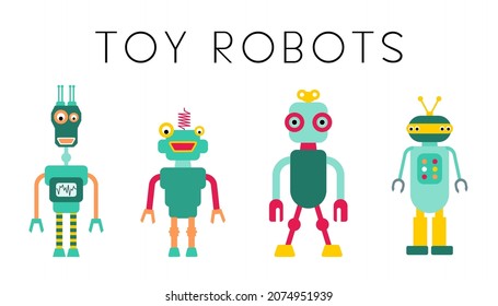 Robot vector. Toy robots collection. Retro style cute robot character illustration set.