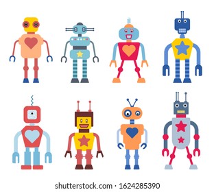 Robot vectors collection - cute retro robots with stars and hearts symbols.