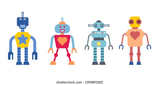 Robot vectors collection - cute robots with stars and hearts symbols.