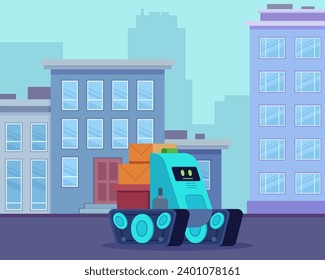 Vehículo robot con ilustraciones vectoriales de cajas de cartón. Auto robótico que entrega bienes a los clientes desde almacenes. Logística, concepto de servicio de entrega