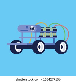 Robot vehicle flat vector illustration. Little robotic car with camera for photography or video surveillance. Smart technology. Plaything gadget. Isolated cartoon toy on blue background