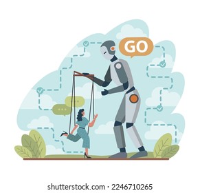 Robot versus human concept. Idea of artificial intelligence development, competition between a character and cyborg. Flat illustration vector