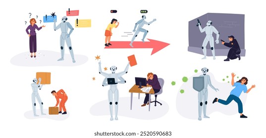 Robô versus humano. As pessoas competem e colaboram com androides. Vitória da inteligência artificial na conclusão de tarefas. Trabalho em equipe empresarial. Rivalidade entre pessoas e ciborgues