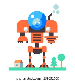 Robot in the village. Flat vector illustration.