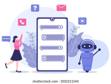 Robot Virtual Assistance or Chatbot Background Vector illustration. People smartphone conversation with Online technical support and Messaging