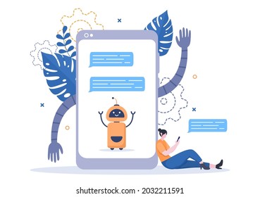 Robot Virtual Assistance or Chatbot Background Vector illustration. People smartphone conversation with Online technical support and Messaging