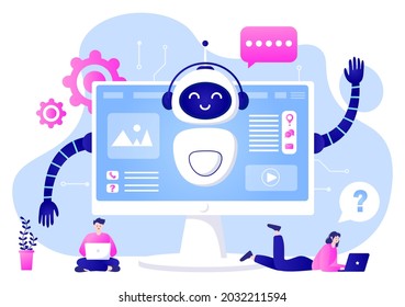 Robot Virtual Assistance or Chatbot Background Vector illustration. People smartphone conversation with Online technical support and Messaging