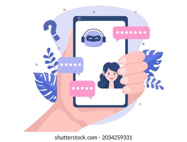 Robot Virtual Assistance or Chatbot Background Vector illustration. People smartphone conversation with Online technical support and Messaging