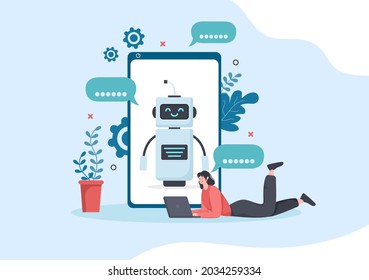 Robot Virtual Assistance or Chatbot Background Vector illustration. People smartphone conversation with Online technical support and Messaging