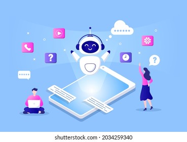 Robot Virtual Assistance or Chatbot Background Vector illustration. People smartphone conversation with Online technical support and Messaging