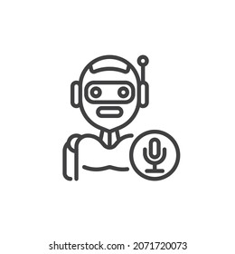 Robot voice control line icon. linear style sign for mobile concept and web design. Robot with microphone outline vector icon. Chatbot assistant symbol, logo illustration. Vector graphics