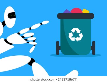 Robot Volunteer clearing the streets of trash and natural debris. Waste recycling service. Flat vector illustration.