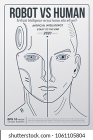 Robot vs human. AI artificial intelligence and human intelligence Concept business disruptive illustration. Vector outline design to poster.