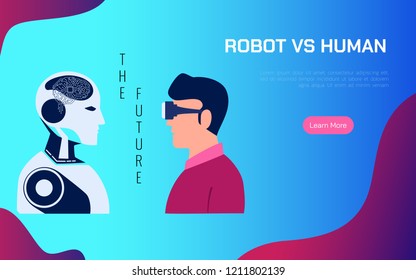 Robot VS Human. AI artificial intelligence replace human concept. Vector Illustration.